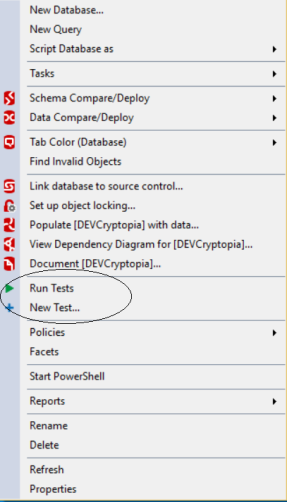 Redgate SQL Test context menu